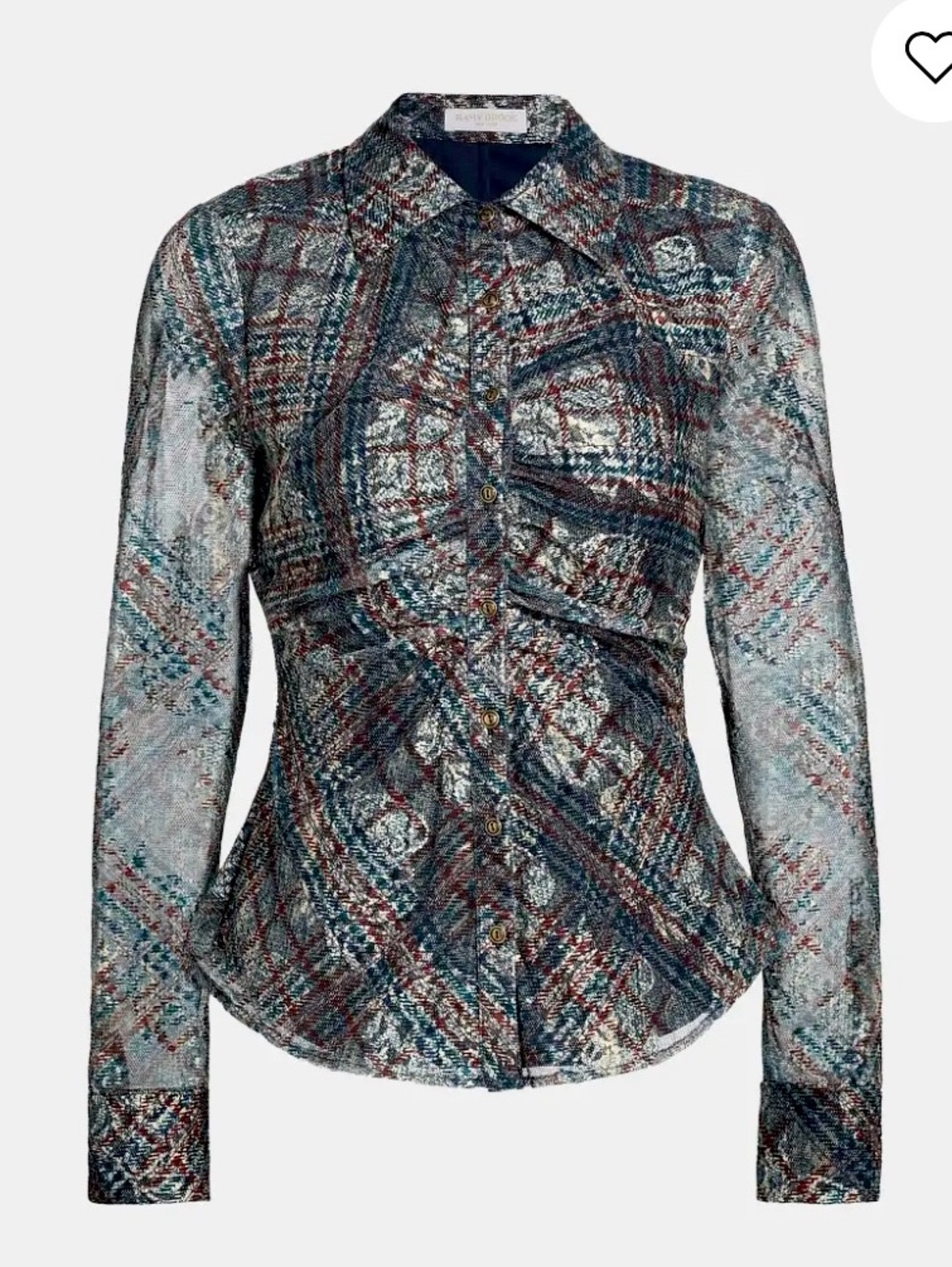 Ramy Brook Plaid Mesh Hamilton Gathered Button-Front Shirt blue brown cream XXS